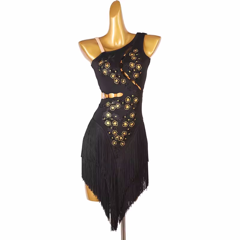 Black competition fringe latin dance dresses for women girls one shoulder salsa rumba chacha stage performance costumes for female